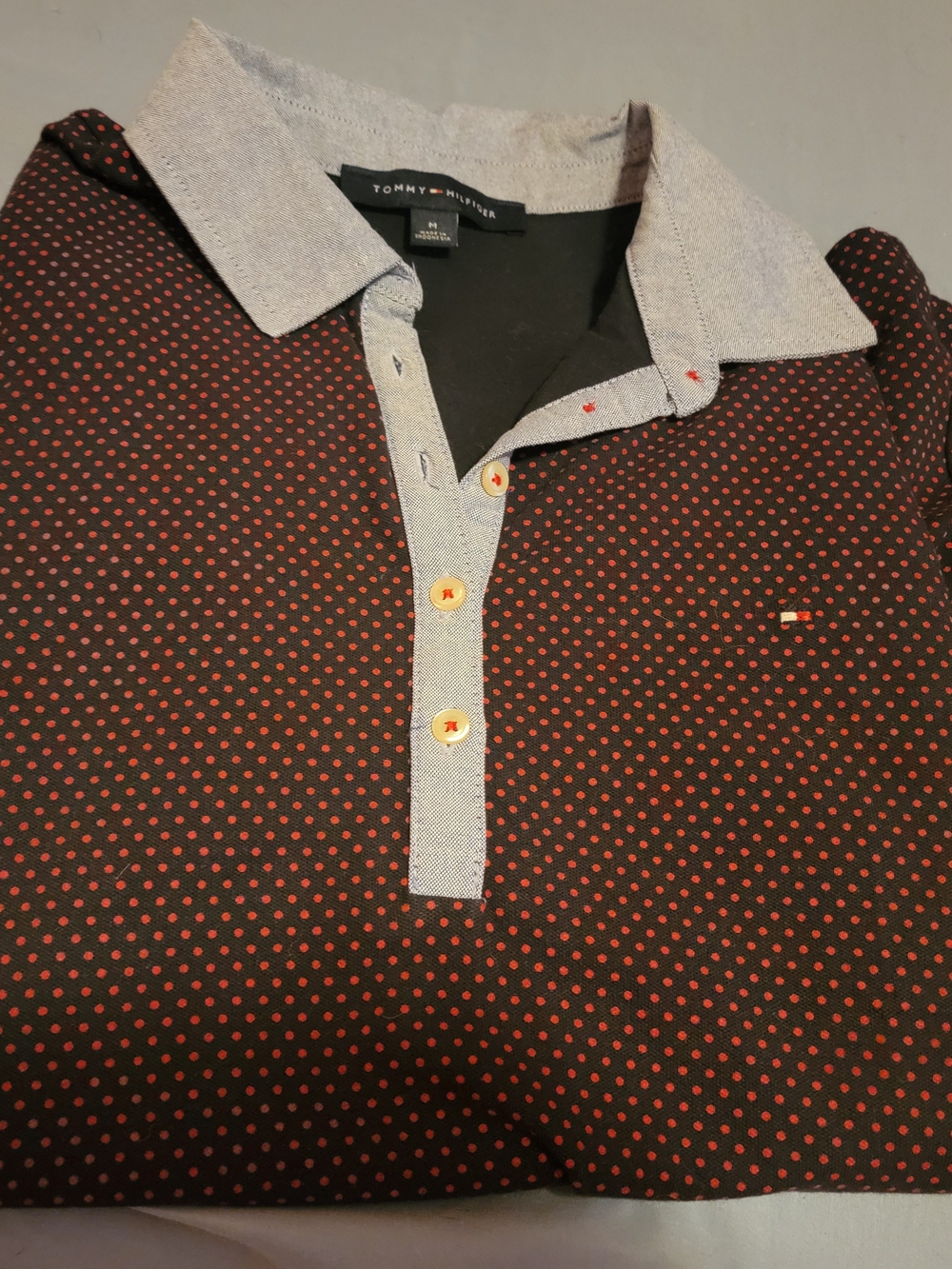 Tommy Hilfiger Black Polo with Red Polka Dots and Light-Gray Trim